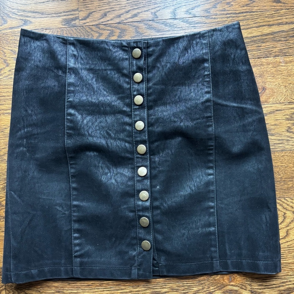 bishop + young Black Faux Leather Mini Skirt with Button Detail